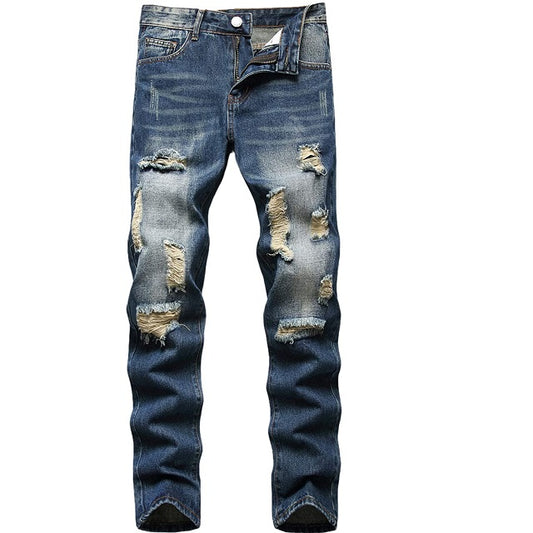 Distressed Straight Fit Washed Denim Jeans