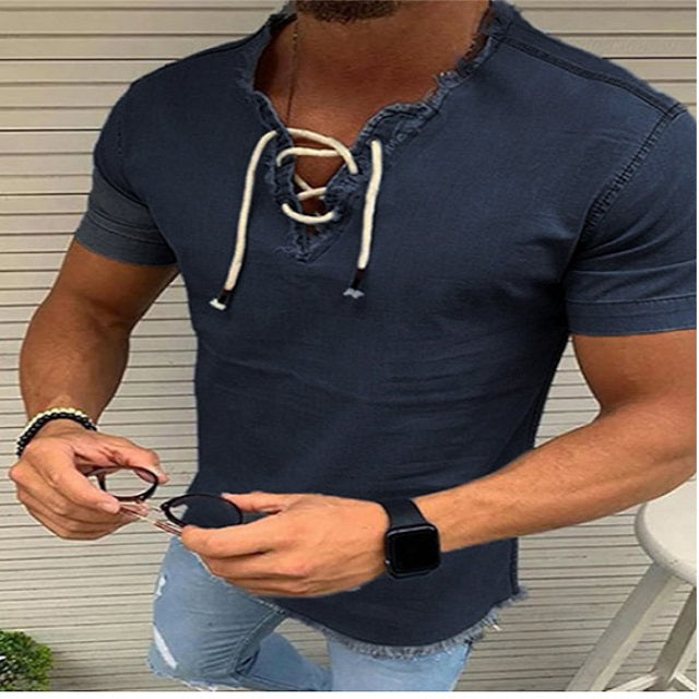 Men's Solid Colored Collar Drawstring Short Sleeve Shirts