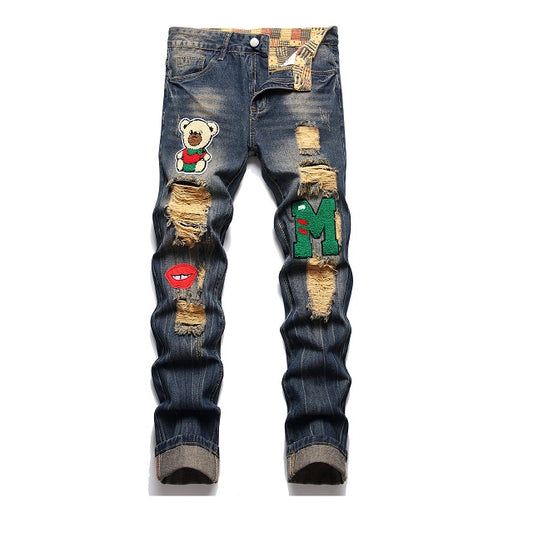 Men Cartoon & Letter Patched Detail Ripped Frayed Jeans