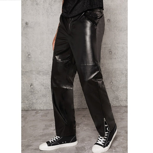 Men Slant Pocket PU Leather Pants