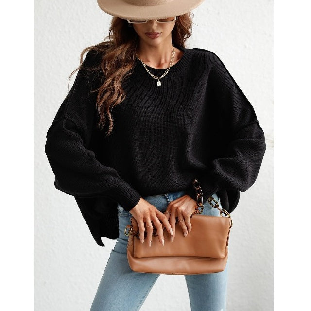 Seamy Dropped Shoulder Slit Sweater