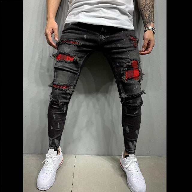 Plaid Patched Ripped Slim fit Jeans