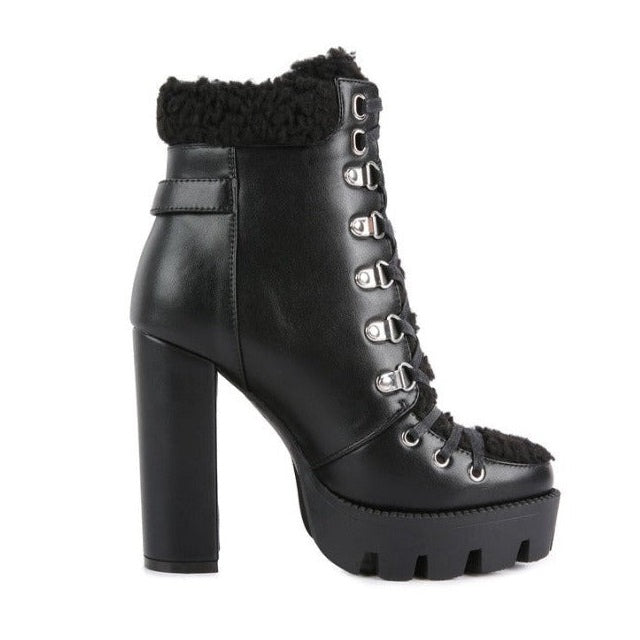 Leather Fur Collared Ankle Boots