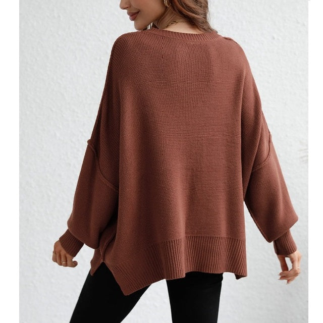 Seamy Dropped Shoulder Slit Sweater