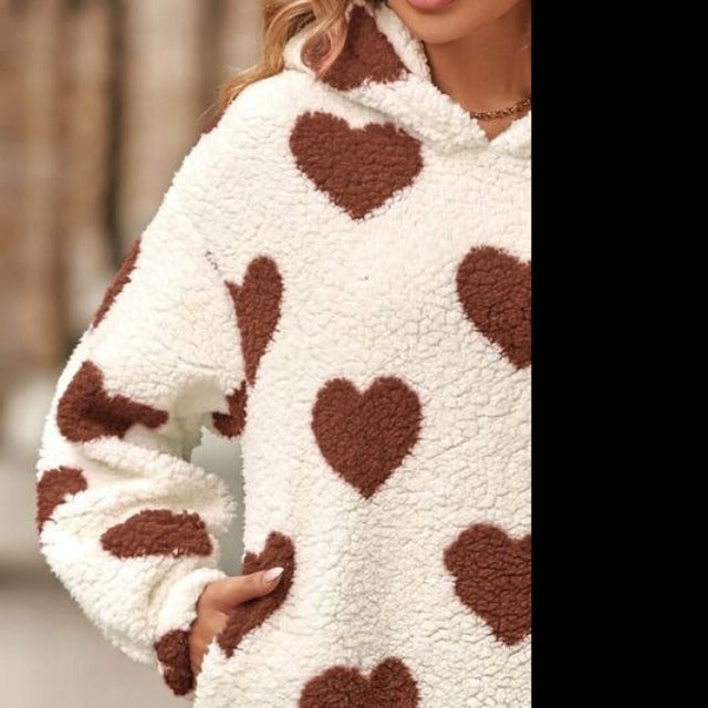 Fuzzy Heart Dropped Shoulder Hooded Sweater
